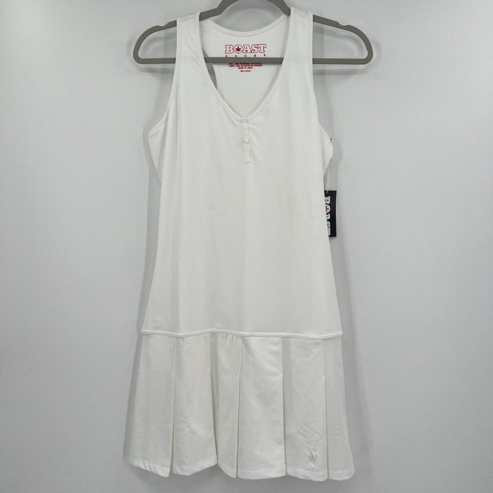 Boast Women's White Henley Tennis Dress Pleated Skirt Built-in Shelf Bra sz L